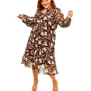 Lane‎ Bryant Dress Long Sleeve Fit Flare Chiffon Fall Brown Twee Cottage 18 1X